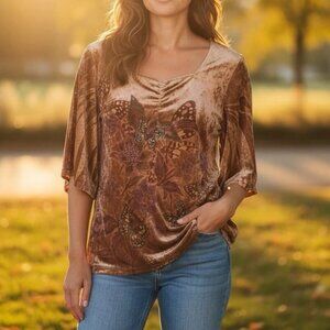 Essentials Y2K Velour Beige Butterfly Beaded Top Blouse Womens 0X
